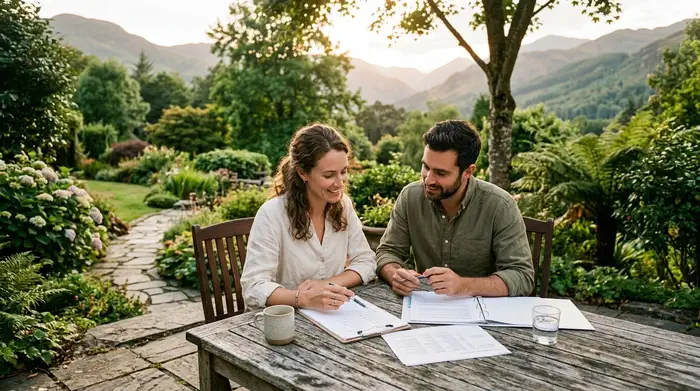 Couple reviewing wedding checklist with mountain garden views in Estado de México