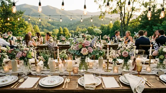 Mesa de banquete con decoración vintage: flores silvestres, velas en frascos de cristal, madera natural y guirnaldas de luz cálida en jardín de boda