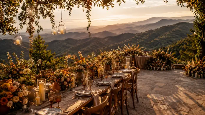 Boda al aire libre en la montaña con vistas panorámicas al horizonte al atardecer