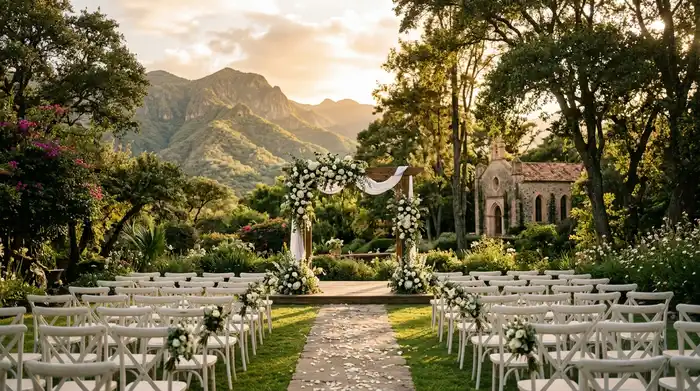 Pareja de novios en una ceremonia al aire libre rodeada de jardines y montañas en México