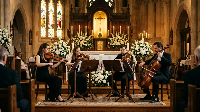 String quartet playing sacred music at the altar of a chapel during a Catholic wedding ceremony in Mexico