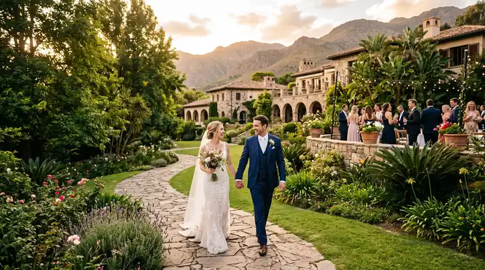 Pareja celebrando su boda destino en venue privado de montaña en México rodeado de jardines y naturaleza