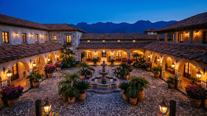 Newlywed couple walking through the gardens of an exclusive wedding venue with integrated hotel at sunset
