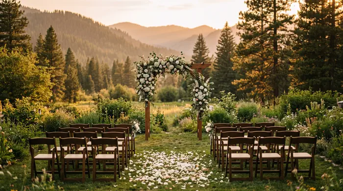 A bride and groom celebrating an intimate outdoor wedding with mountains in the background near Mexico City