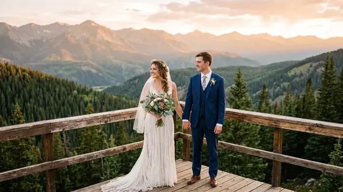 Pareja tomada de la mano frente a un paisaje de montaña, representando la decisión entre boda destino y boda tradicional