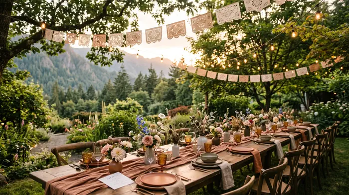 Mesa de boda con decoración mexicana moderna, papel picado minimalista y flores locales en un jardín al aire libre