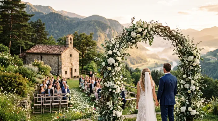 Pareja saliendo de una capilla de montaña tras su boda católica en México