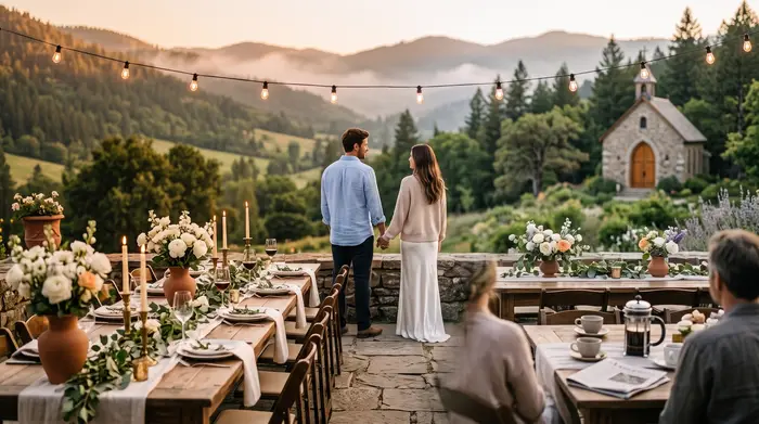 A bride and groom celebrating outdoors at a mountain venue in Mexico