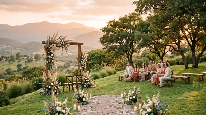 Pareja celebrando una boda moderna íntima en jardín de montaña rodeado de naturaleza en México