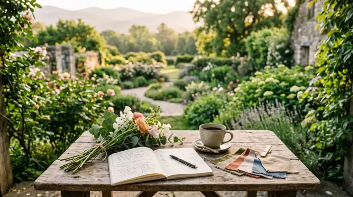 Couple reviewing a wedding planning checklist next to the gardens of a venue in Mexico
