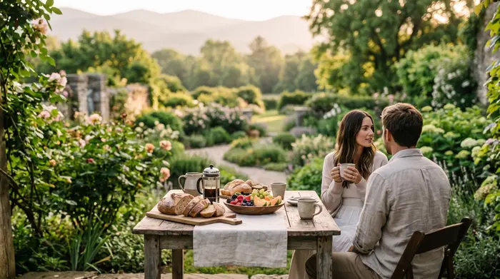 Guests enjoying an outdoor wedding reception surrounded by gardens and mountains in Mexico