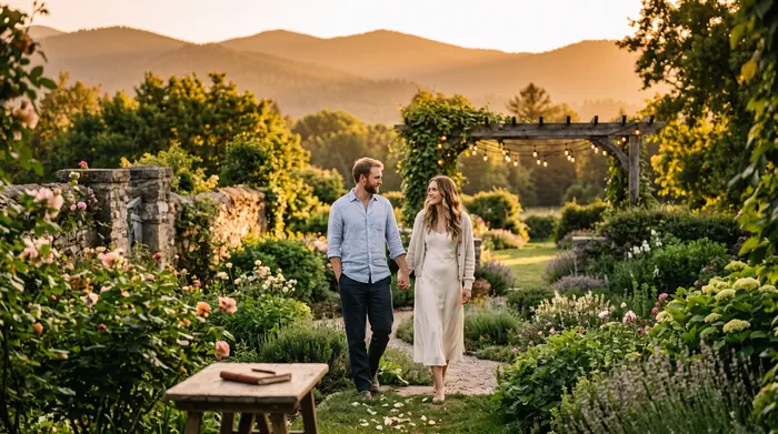 Couple strolling through a mountain garden at sunset during a visit to a wedding venue in Mexico