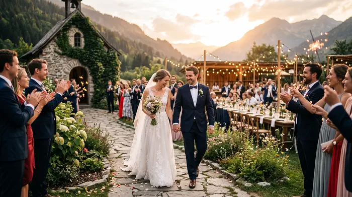 Newly married couple walking from the chapel to the reception area at a wedding venue surrounded by gardens in Mexico