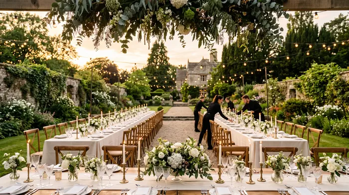 Mesa de recepción decorada en un jardín para una boda con paquete todo incluido en México
