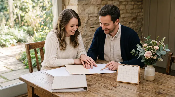 Novios revisando papeles y calendario para los trámites de su boda católica en Estado de México