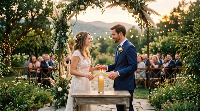 Pareja realizando un ritual simbólico con velas durante su ceremonia de boda al aire libre
