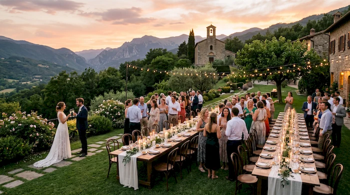 Couple and guests mingling outdoors during a wedding weekend at a nature-surrounded venue in Mexico