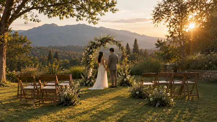 Pareja tomada de la mano durante una boda civil íntima al aire libre en un jardín natural