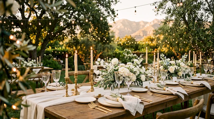 Elegant wedding reception table setup in a garden venue in Malinalco, Mexico