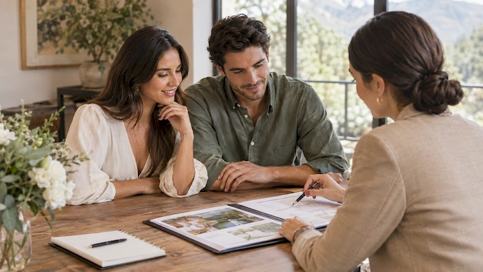 Couple reviewing wedding contract and budget with a vendor at a wooden table