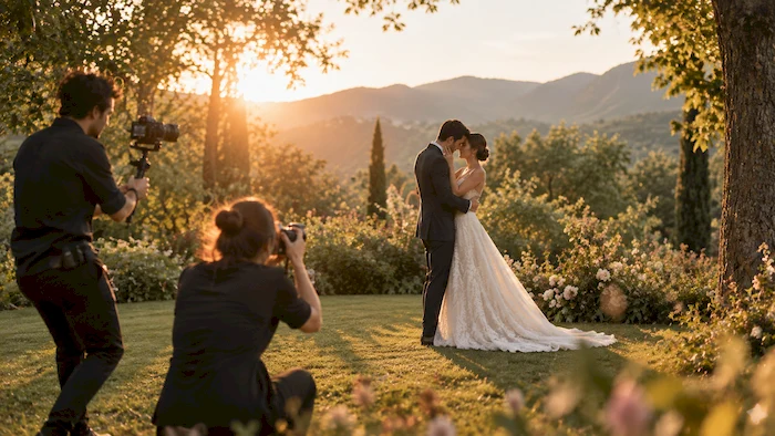 Pareja de novios siendo fotografiada al aire libre en un jardín con luz natural durante su boda en México