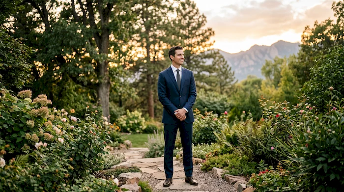 Groom wearing an elegant suit in a mountain garden during a wedding in Mexico