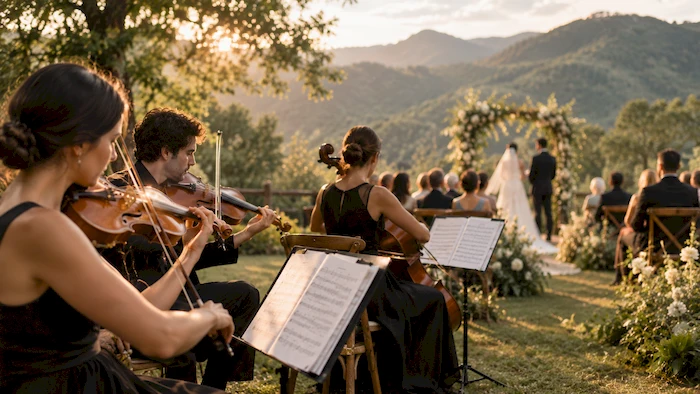 Musicians performing at an outdoor wedding ceremony surrounded by nature in Mexico
