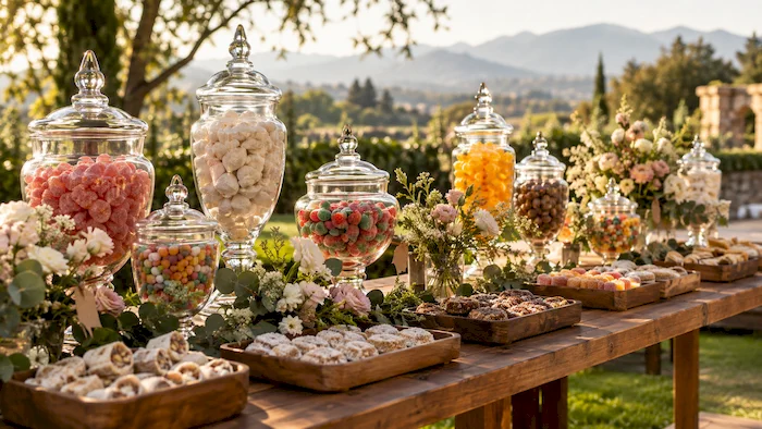 Mesa de dulces para boda decorada con frascos de vidrio, flores y dulces típicos mexicanos en un jardín al aire libre