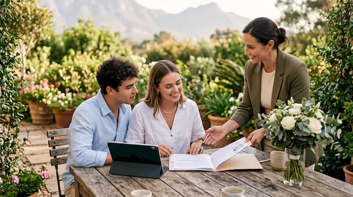 Couple reviewing their wedding package contract with an event coordinator in a garden