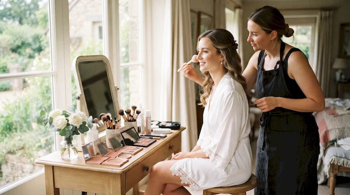Novia durante su prueba de maquillaje antes de la boda en un venue con luz natural