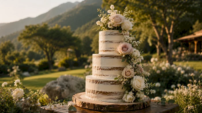 Pastel de boda semi naked con flores frescas en jardín de Malinalco, tendencia 2026