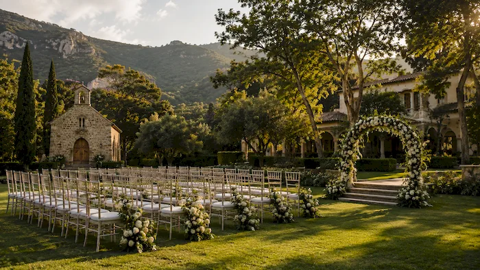 Jardín de un venue exclusivo para bodas rodeado de naturaleza, preparado para una ceremonia al aire libre