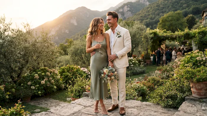 Invitados con outfits elegantes para un wedding weekend en jardín de montaña en México