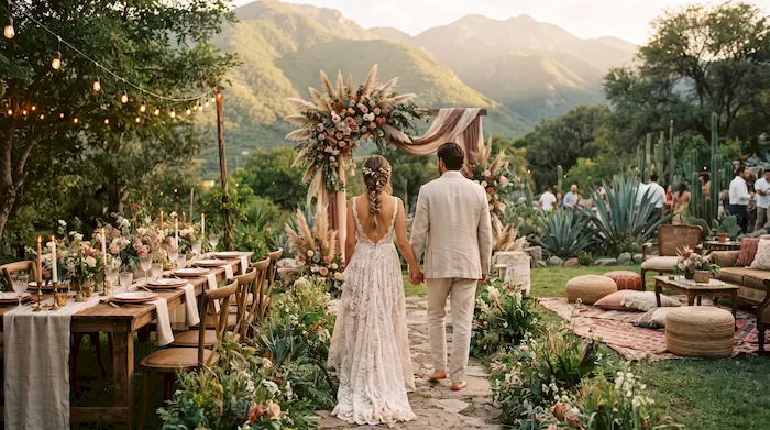 Mesa larga de madera con flores silvestres y luces cálidas en una boda boho chic al aire libre en Malinalco