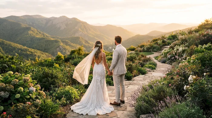 Pareja tomada de la mano en un jardín rodeado de montañas durante una boda de destino en México