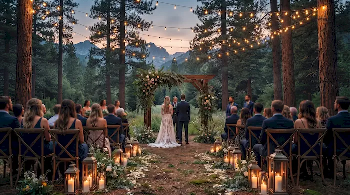 Pareja de recién casados en una ceremonia de boda en el bosque rodeada de árboles altos y luces cálidas