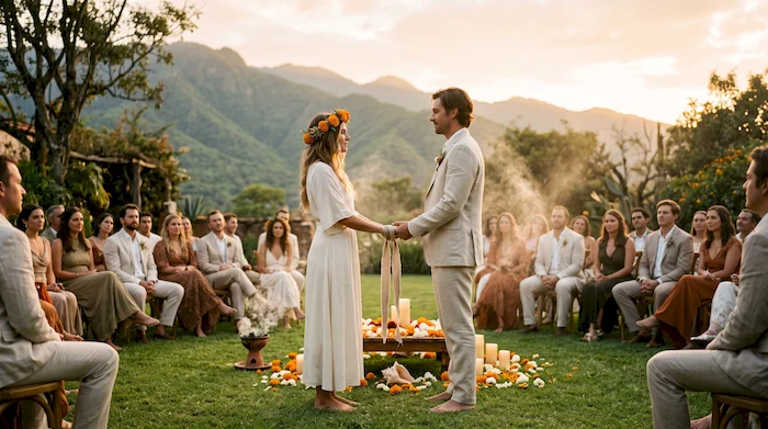 Pareja de novios tomados de las manos con un listón durante una ceremonia espiritual de boda al aire libre, con humo de copal y montañas al fondo