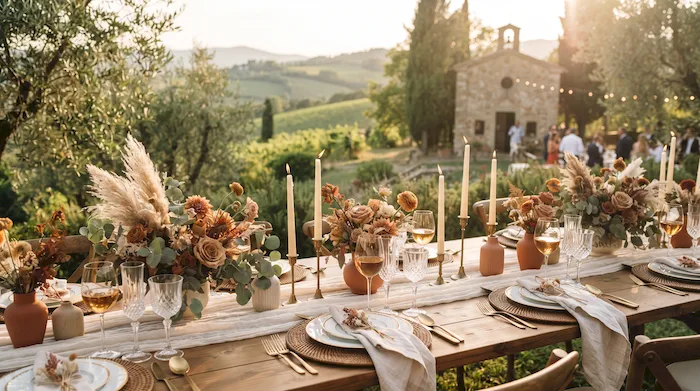 Mesa de boda decorada con elementos que combinan estilo elegante y boho en jardín natural