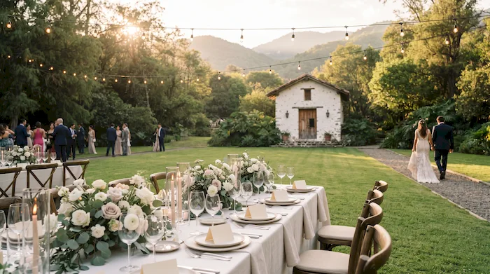 Mesa larga de banquete al atardecer en un jardín con montañas de Malinalco, ejemplo de cuántos invitados para una boda caben con comodidad