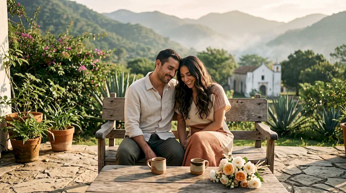 Pareja de novios conversando en una terraza con jardín y montañas al fondo mientras se preparan para su curso prematrimonial