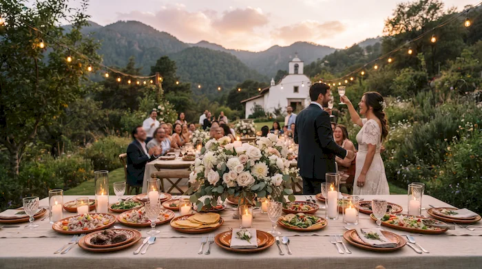 Mesa larga de boda con luz cálida y montañas al fondo en un jardín de Malinalco, Estado de México