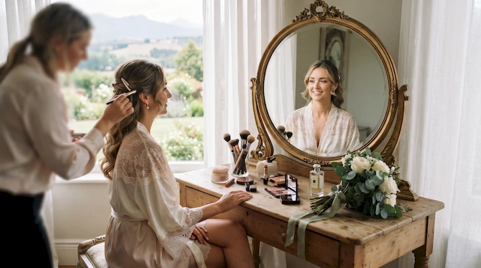 Novia frente a un espejo durante la preparación de su maquillaje de boda en un entorno natural