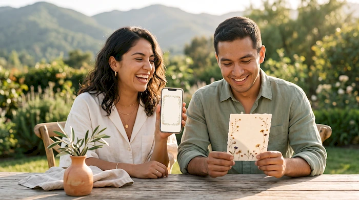 Pareja revisando su save the date de boda en un teléfono junto a una tarjeta impresa en una mesa de madera con flores secas