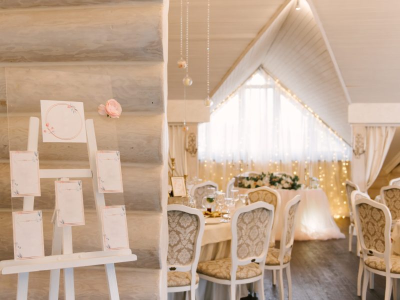 Wedding printing: rustic Seating scheme on glass with cards on a white wooden frame, copy spase