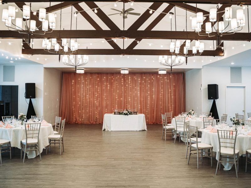 A beautifully decorated venue interior for a wedding