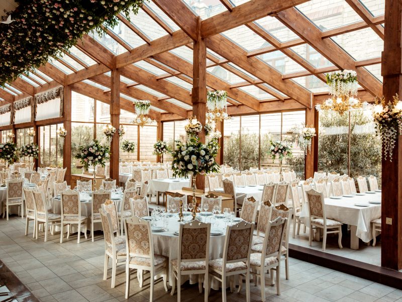 restaurant ballroom ornated with flowers
