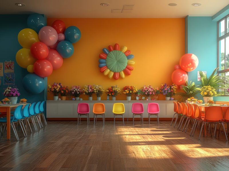 Brightly Colored Birthday Party Setup with Balloons, Flowers, and Chairs