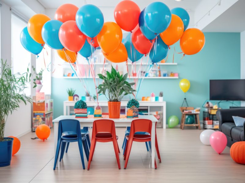 A room with a bunch of balloons hanging from the ceiling. Digital image. Birthday party decor.