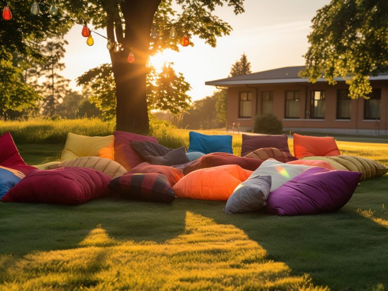 Bagger bean bags rest on the shady grass, offering a relaxed se Bagger bean bags rest on the shady grass, offering a relaxed seating option in a modern outdoor party setting.