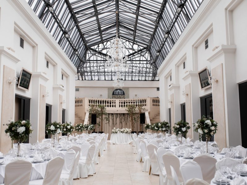 Decorated in white color hall for wedding is ready for celebration